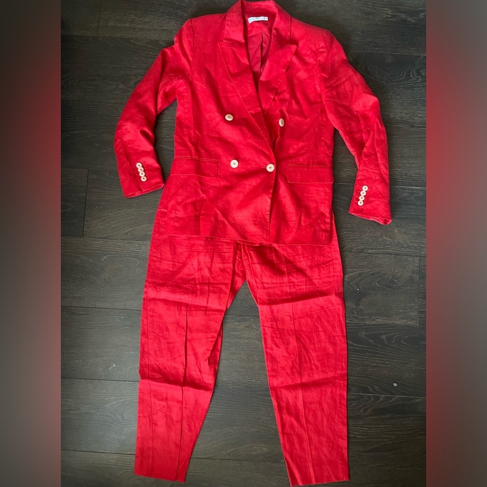 Mango Red Linen Double Breasted Suit Co-ord Set